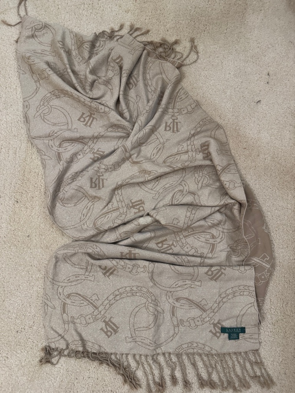 Ralph Lauren Beige Monogram Sparkle Shawl, comes in RL gift box